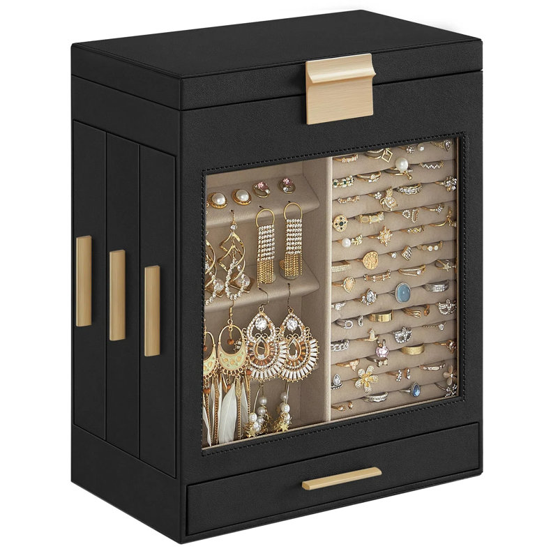Boîte à bijoux en bois + miroir, Encre noire