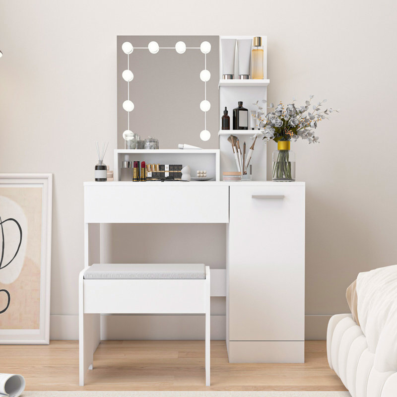 Ensemble de coiffeuse de maquillage avec tiroir et armoire de rangement, coiffeuse avec tabouret rembourré pour la chambre à coucher, salle de maquillage