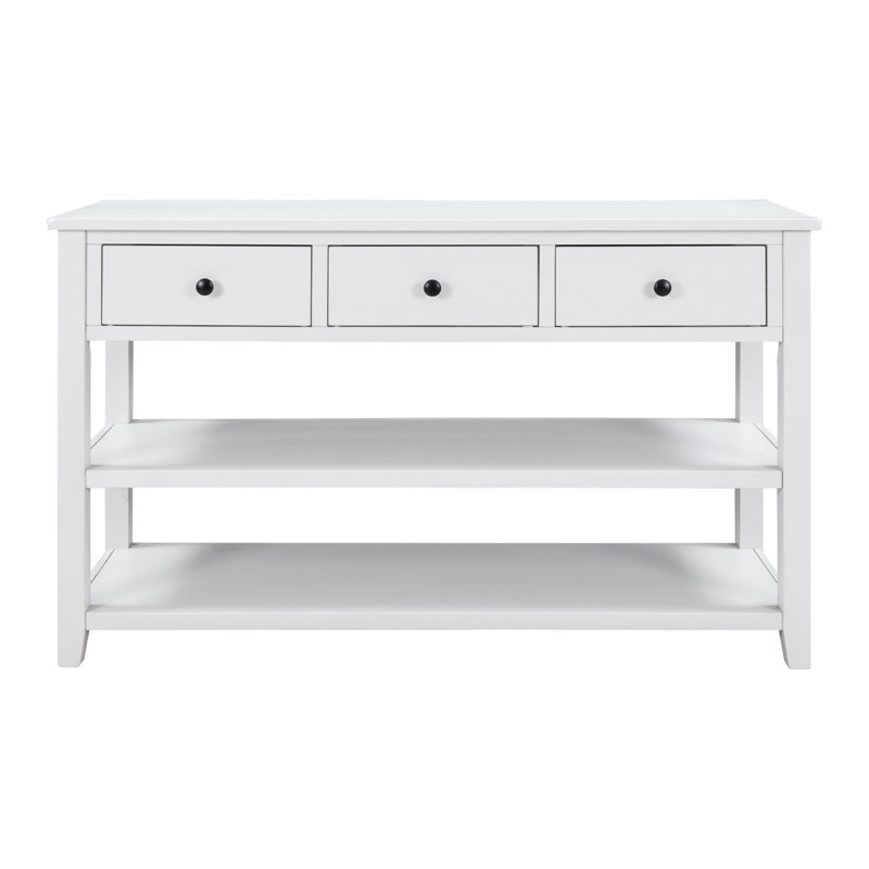 Console rétro avec deux tablettes ouvertes, structure en bois de pin massif et pieds pour le salon (blanc antique)
