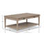 Table basse rectangulaire en bois massif avec finition sablée, design décontracté transitionnel, deux tiroirs de rangement et roulettes