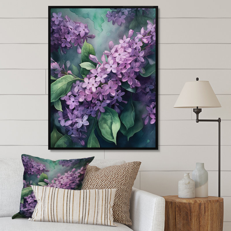 Fleurs de lilas vertes parfumées II, H 40 po x l 30 po x P 1,5 po, Cadre flottant noir