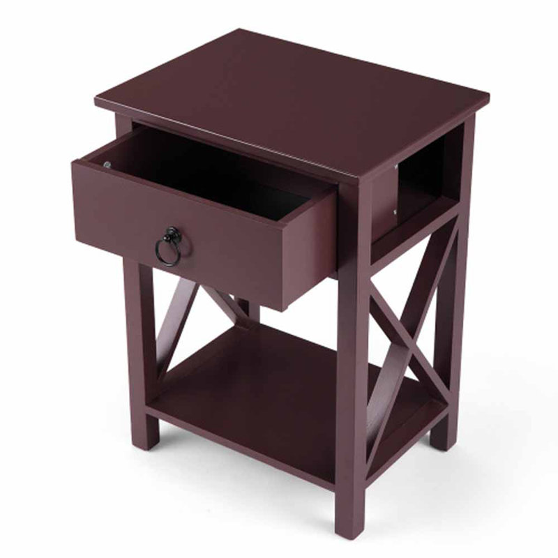Ensemble de 2 table de chevet en bois, table d'appoint en forme de X, table de bout avec tiroir, mobilier de chambre à coucher, brun