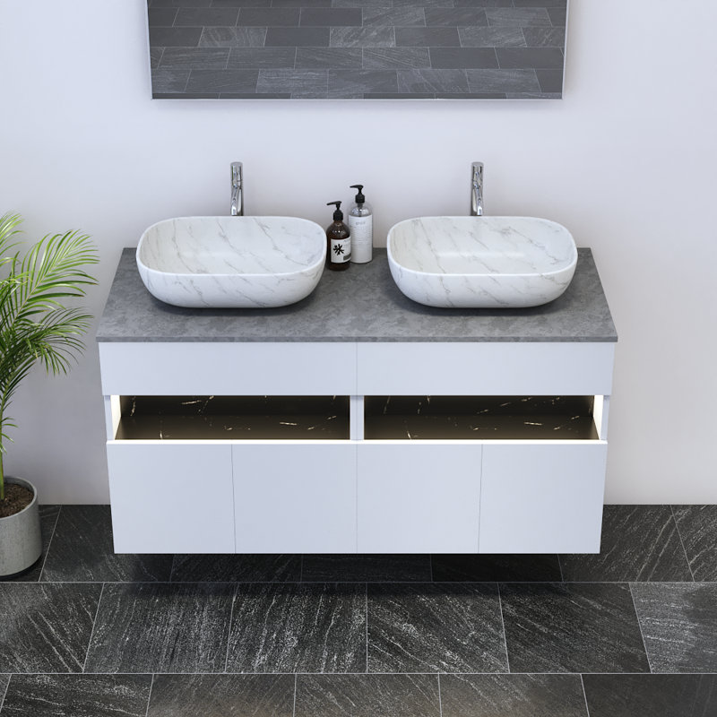 Meuble-lavabo double 47,2 po avec comptoir Lieke, Blanc, Béton