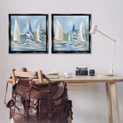 Sailboats on Calm Water 2 PC Black Framed Floater Canvas Set by Kim Allen