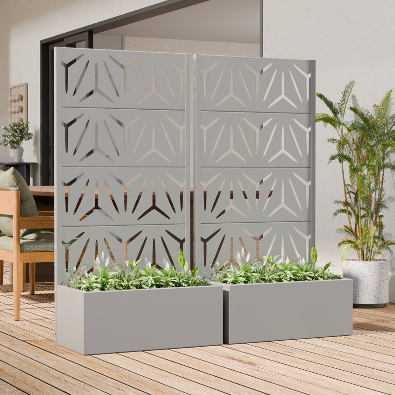 59" H x 30" W x 12" D Outdoor Metal Planter Box with Trellis Decor Raised Garden Bed with Lattice Panel for Patio, Gray