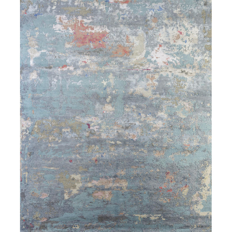 Tapis bleu abstrait noué à la main 8 pi x 10 pi