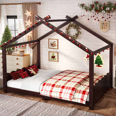 Full House Floor Bed with Slats, Solid Wood Montessori Bed Frame for Kids, No Box Spring Needed, Espresso