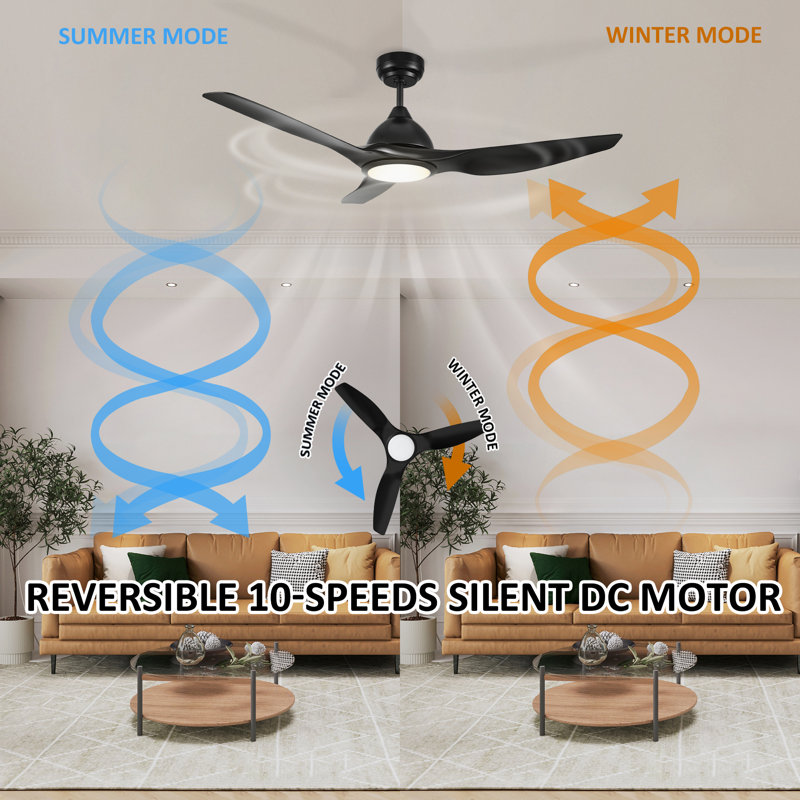 52 Inch 3 Blades DC Motor Smart Ceiling Fan with Remote and Light Kit., Black