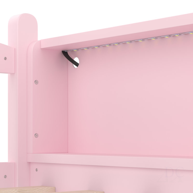 Lit mezzanine simple avec tablettes de rangement, lit mezzanine inférieur en bois massif avec lumières DEL et garde-corps pleine longueur, aucun sommier nécessaire