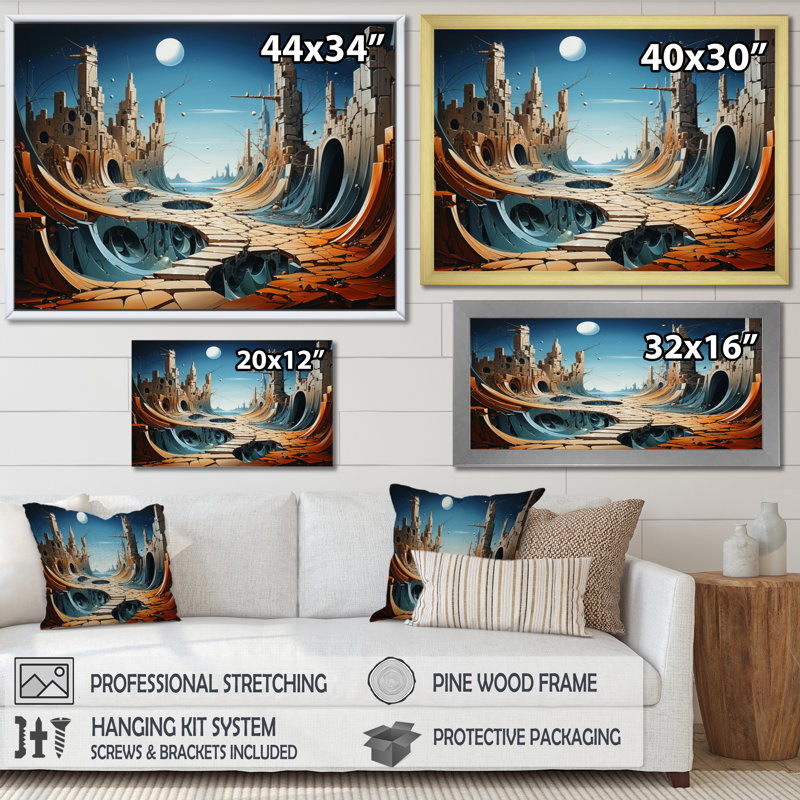 Le surréalisme, la persistance du canyon, H 34 po x l 44 po x P 1,5 po, Cadre flottant doré