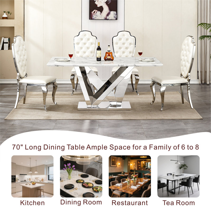 Table de salle à manger en marbre pour 6 personnes (table seulement), Argent argent, Blanc