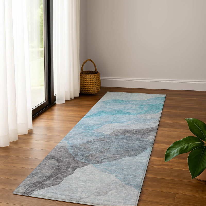 Tapis abstrait lavable à la machine de qualité supérieure Mayfield AMF2109, Sarcelle, Tapis de couloir 2 pi 3 po x 7 pi 6 po