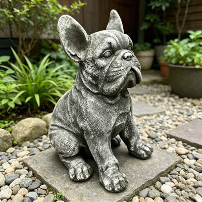 Statue de bouledogue français d'extérieur résistant aux intempéries de 16 po, sculpture de chien en résine de finition rustique en pierre, ornement décoratif pour le jardin, la cour, le patio, la pelouse et la cour
