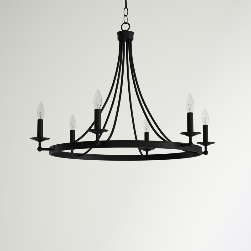 Lustre en roue de chariot à 6 lumières de style bougie , Fer noir