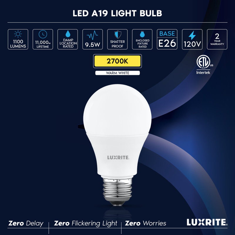 Luxrite A19 LED Light Bulb 9.5W=75W 2700K Warm White 1100LM Non-Dimmable Standard LED Light Bulbs E26, Enclosed Fixture Rated, Damp Rated, ETL 48 Pack