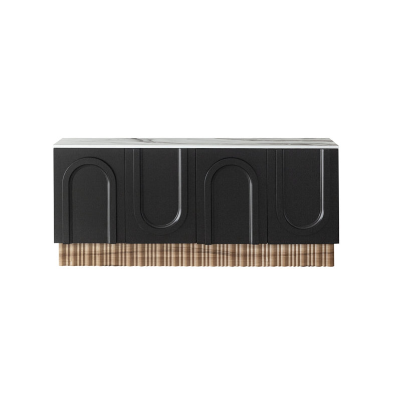 Manolya 4-Door Sideboard with Dimensional Door Design, Faux Marble Top, and Wood Base – Modern Statement Storage Cabinet
