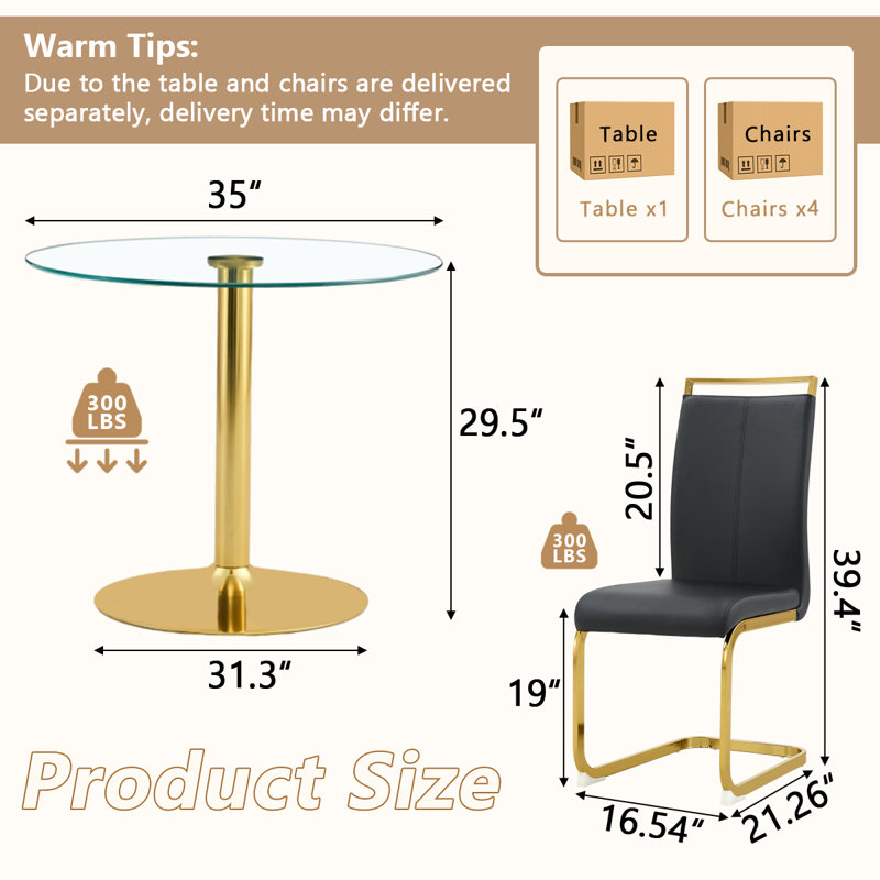 5 - Piece Pedestal Dining Set, Black, 29.5"H x 35"L x 35"W
