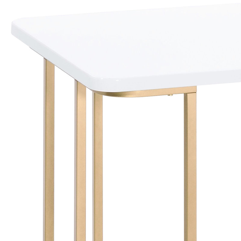 Bureau d'ordinateur blanc et doré avec un grand espace de rangement, bureau de perfectionnement des pieds en métal rectangulaire pour le travail - spacieux et fonctionnel