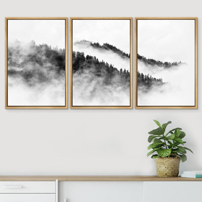 «Black & White Mountain Forest Valley Nature Wilderness», reproduction sur toile 3 pièces