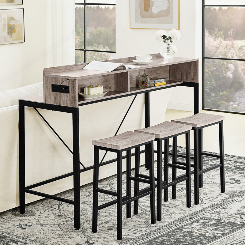 59 inch bar table, dining table, sofa table with power socket and LED light, 3 saddle stools, 4-piece bar table and chairs set for living room, dining room and kitchen