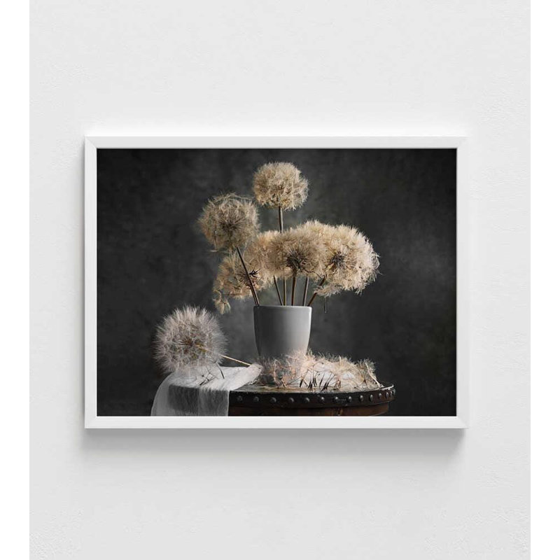 Impression de pissenlit: art floral élégant, H 8 po x l 10 po, Impression encadrée sans passe-partout, Blanc