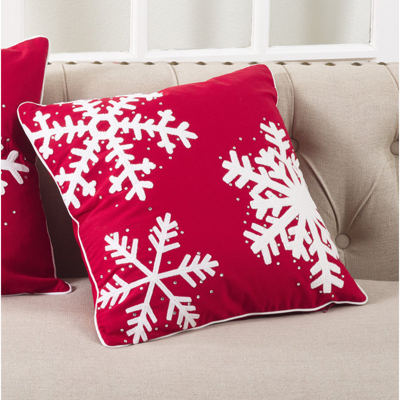 Ruby Red Embroidered Snowflake Square Throw Pillow