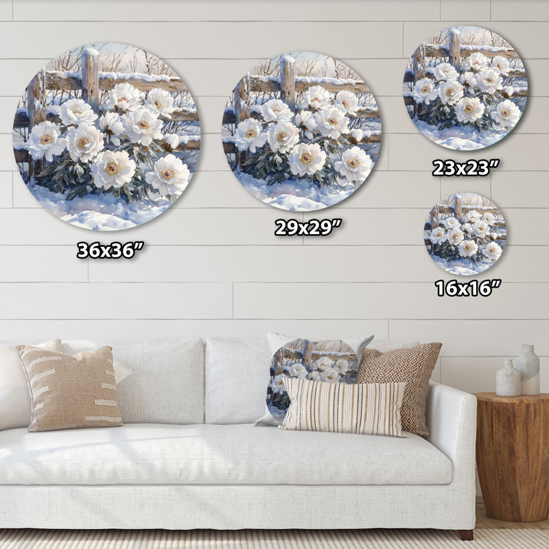 Décoration murale ronde pivoines par la ferme enneigée II - pivoines, H 36 po x l 36 po