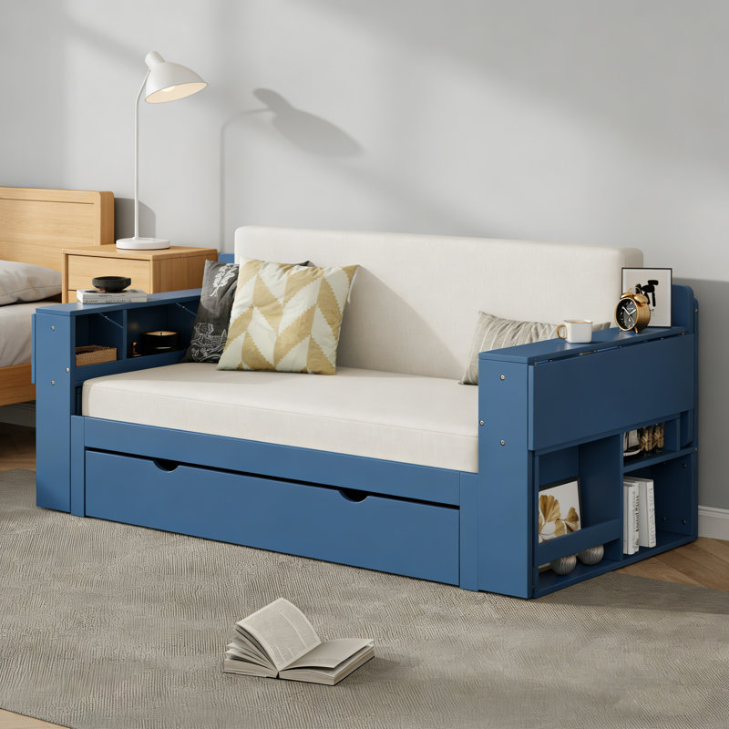 Grand lit de jour avec bureau amovible, Bleu, Double 
