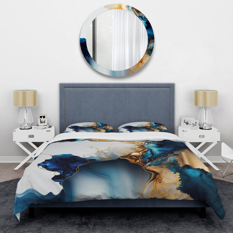 Abstract Geode Gold and Blue Marble I - Ensemble de housse de couette moderne - Microfibre de polyester