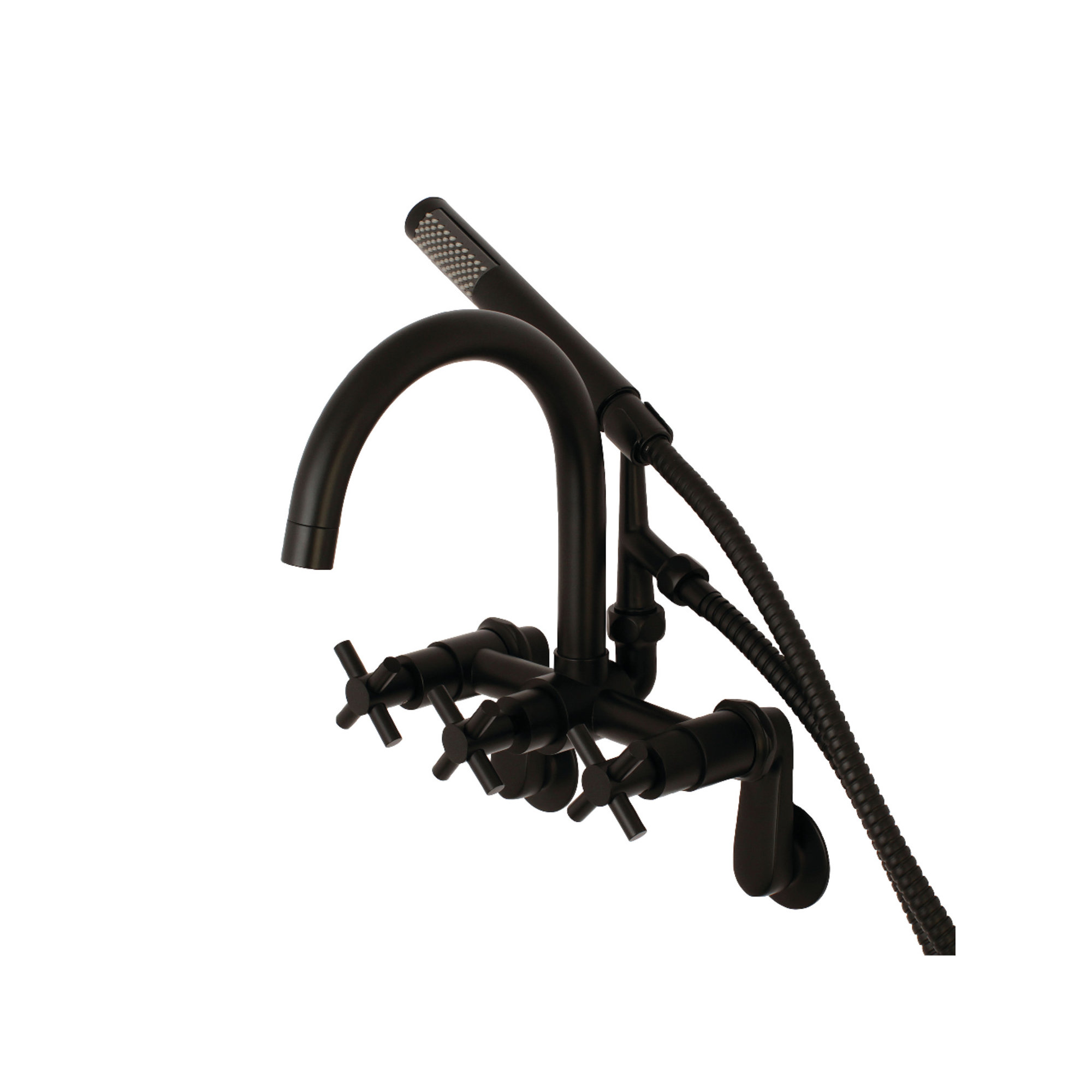 Kingston Brass Concord Three-Handle 2-Hole Tub Wall Mount Clawfoot Tub Faucet with Hand Shower, Matte Black
