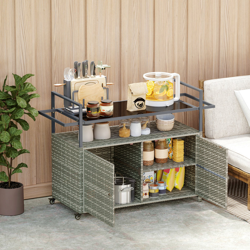 Table de bar d'extérieur en osier avec tablette à 2 niveaux et armoire, gris mélangé