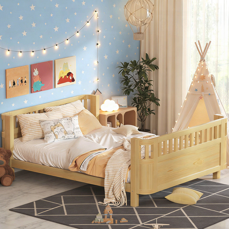 Wood Low Profile Bed with Safety Rails for Girls and Boys, Easy Access and Versatile Design, Natural