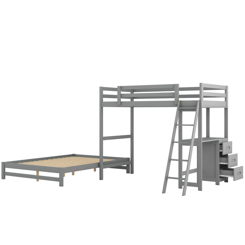 River Bunk Bed With Storage Drawers, Desk, And Shelves,  Solid Pine Wood And MDF, Gray, Twin Over Full