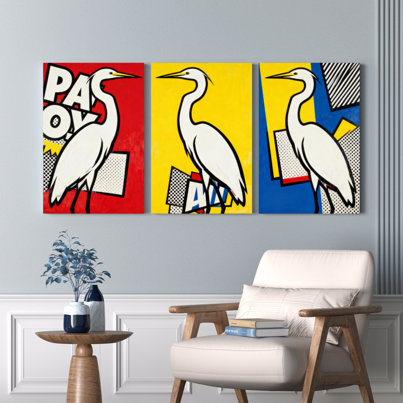 Ensemble de 3 tableaux muraux pop art représentant un héron sur toile tendue, H 36 po x l 72 po