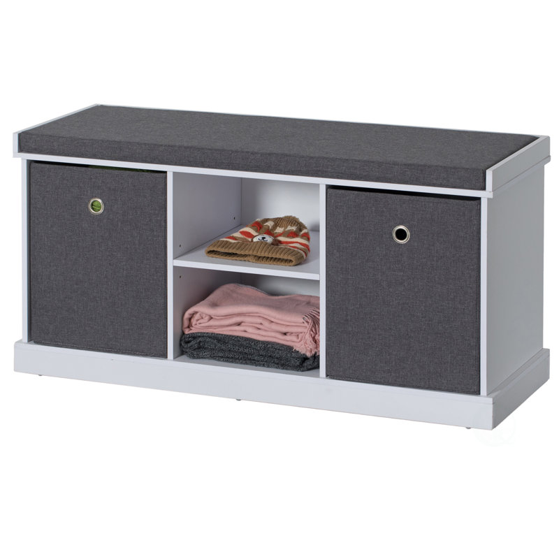 Quincy MDF Storage Box Shoe Bench with 2 Shelves, Foldable Baskets and a Gray Cushion, White