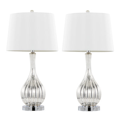 Lampe de table en verre en verre craquelé argent et métal chromé avec abat-jour en lin blanc - ensemble de 2