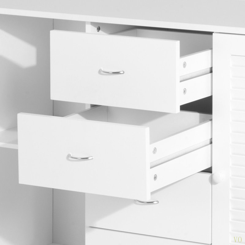 Buffet, armoire de cuisine, armoire à café avec 4 tiroirs et 2 portes à persiennes pour le salon, la cuisine, blanc