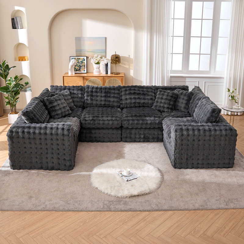Boneless 6 - Piece Modular Compression Upholstered Sectional, Gray Faux Fur