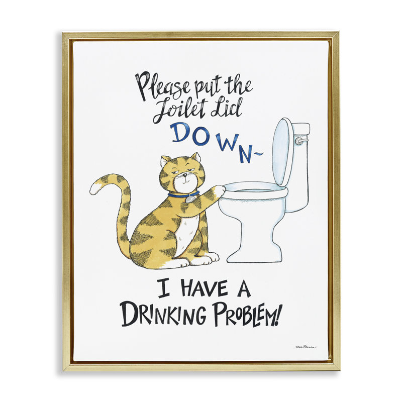 "Drôle de chat et de toilette" par Deb Strain, Cadre flottant métallique doré, H 21 po x l 17 po