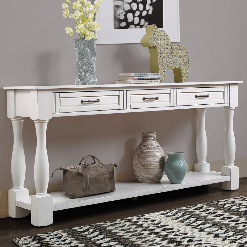 Table basse 63 pouces avec console en bois - table d'appoint avec 3 tiroirs et 1 tablette inférieure - blanc antique | Idée de cadeau
