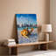 Toile, scène de plage sereine avec deux chameaux reposant sur un art mural doux, sable blanc sous un ciel bleu éclatant, art mural sur toile éparpillée-254640643