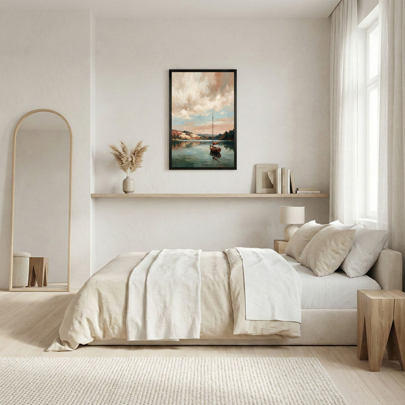 Voilier en bois sur un lac avec Rolling Hills, art mural sur toile, H 18 po x l 24 po