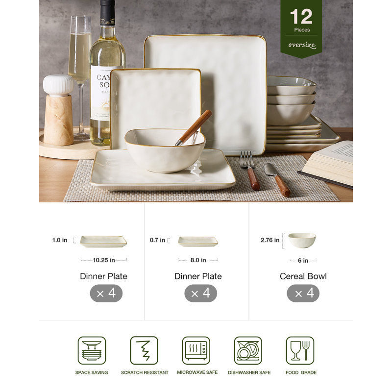 Famiware  12 Piece Stoneware Dinnerware Set - Service for 4, Vanilla White