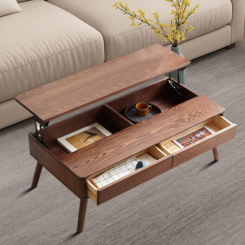 Table basse Mid-Century à plateau relevable avec rangement caché et 2 tiroirs, bois massif