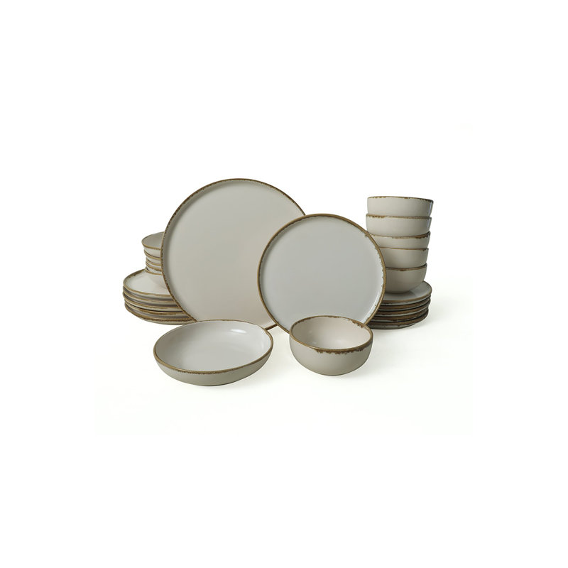 24-Piece Ceramic Dinner Set, Cream Color | 100% Ceramic, Antibacterial, Eco-Friendly | Includes 6 Bowls (4.7 in, 13.5 oz), 6 Dessert Plates (8.7 in), 6 Dinner Plates (7.1 in), 6 Service Plates (11 in) | Easy Cleaning, Dishwasher Safe up to 122°F