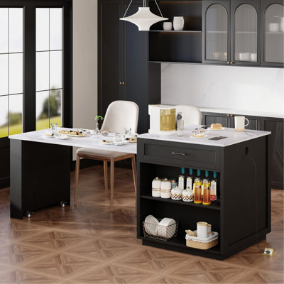 82.7 Inch Kitchen Island With Extendable Dining Table For 4-6 Person,Faux Mable Kitchen Table With Double-Sized Storage,Power Outlet,Kitchen Island With Storage 2 Drawers 2 Side Open Shelves