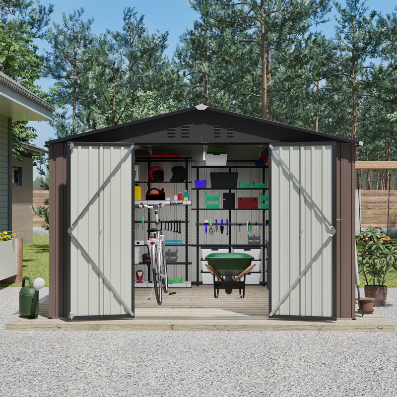 Remise de rangement extérieure en métal, Brun, H 65,2 po x l 122,6 po x P 118,11 po