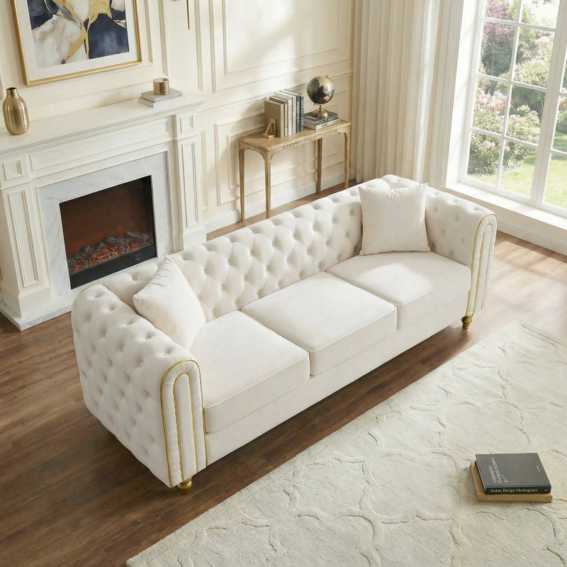 3-Seater Velvet Sofa, Chesterfield Upholstered Couch With Rolled Arms, Gold Trim & Solid Wood Legs, Removable Cushions For Living Room