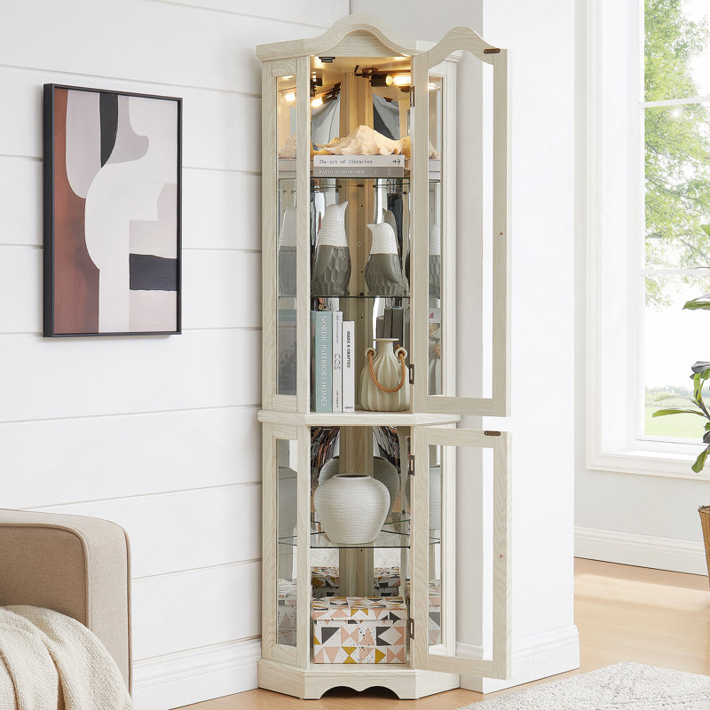 Lighted Glass Display Curio Cabinet With Tempered Glass Doors And Shelves, Crown Corner Cabinet For Showcasing Collectibles In Living And Bedrooms