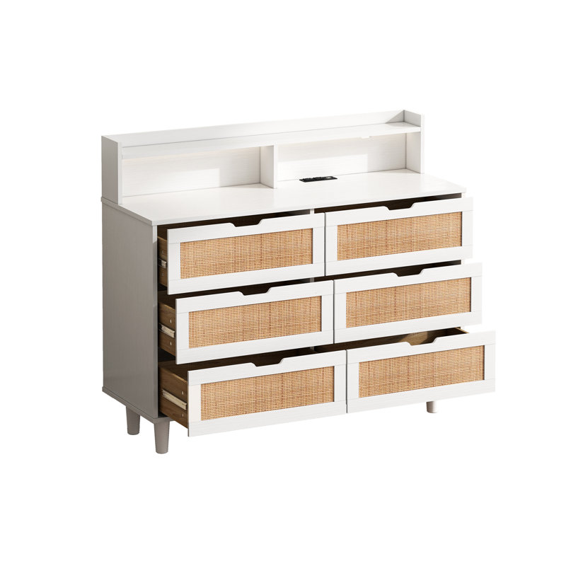 Armoire de rangement en rotin 6 tiroirs avec lumières DEL et prise de courant, Blanc